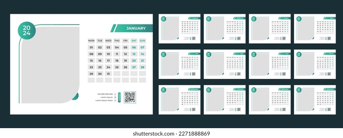 Calendar 2024 planner corporate template design set. Week starts on Monday. template for annual calendar 2024