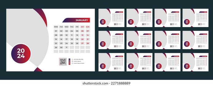 Calendar 2024 planner corporate template design set. Week starts on Monday. template for annual calendar 2024