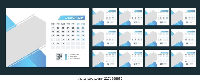 Calendar 2024 planner corporate template design set. Week starts on Monday. template for annual calendar 2024