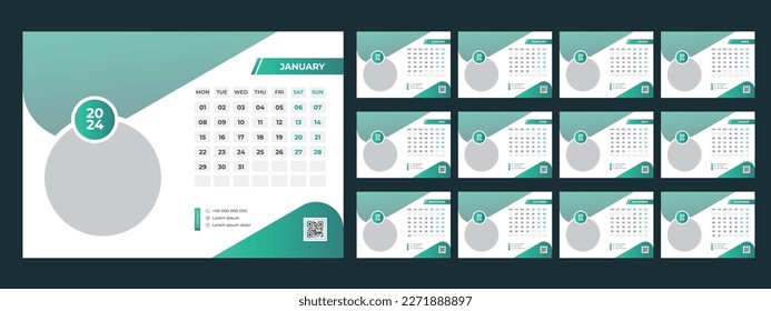 Calendar 2024 planner corporate template design set. Week starts on Monday. template for annual calendar 2024