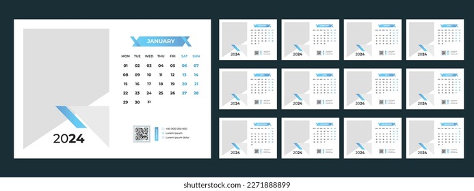 Calendar 2024 planner corporate template design set. Week starts on Monday. template for annual calendar 2024