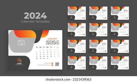 Calendar 2024 planner corporate template design set. Minimalist desk calendar 2024 template, planner, Business template vector. Week start on Sunday