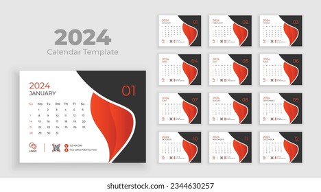 Calendar 2024 planner corporate template design set. Minimalist desk calendar 2024 template, planner, Business template vector. Week start on Sunday