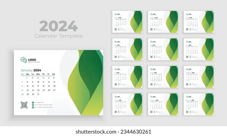 Calendar 2024 planner corporate template design set. Minimalist desk calendar 2024 template, planner, Business template vector. Week start on Sunday