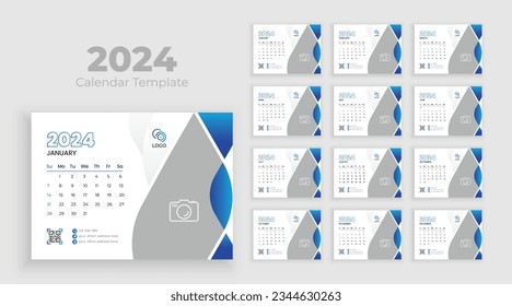 Calendar 2024 planner corporate template design set. Minimalist desk calendar 2024 template, planner, Business template vector. Week start on Sunday