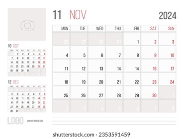 Calendar 2024 planner corporate template design - November month. Week starts on Monday. Basic grid - template for annual calendar 2024