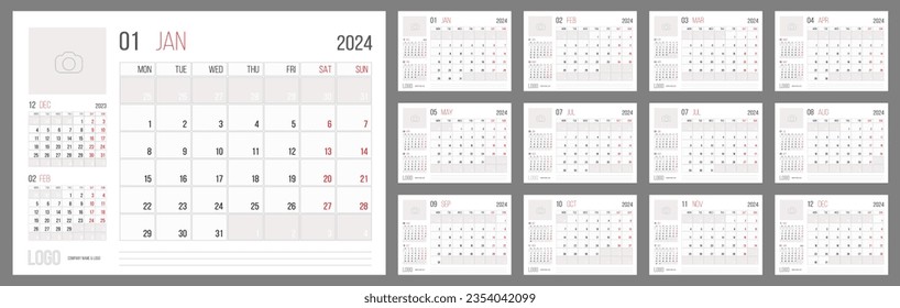 Kalender 2024 Planer Corporate Template Design Set. Die Woche beginnt am Montag. Basisgitter - Vorlage für den Jahreskalender 2024