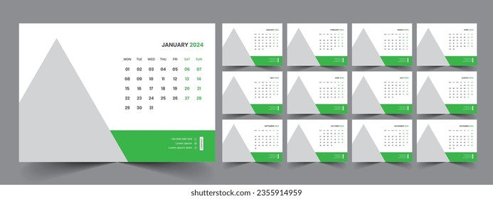 Calendar 2024 planner corporate template design set. Week starts on Monday. template for annual calendar 2024