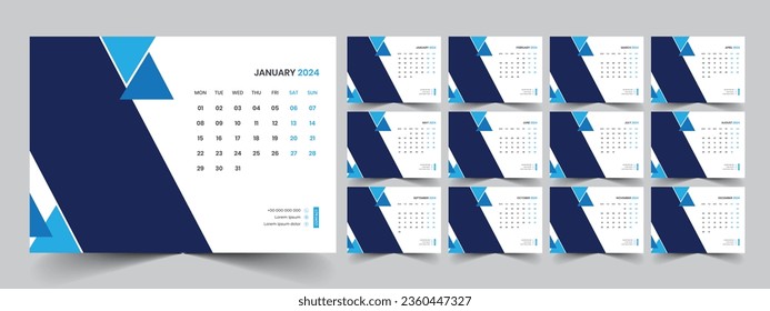 Calendar 2024 planner corporate template design set. Week starts on Monday. template for annual calendar 2024