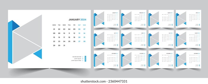 Calendar 2024 planner corporate template design set. Week starts on Monday. template for annual calendar 2024