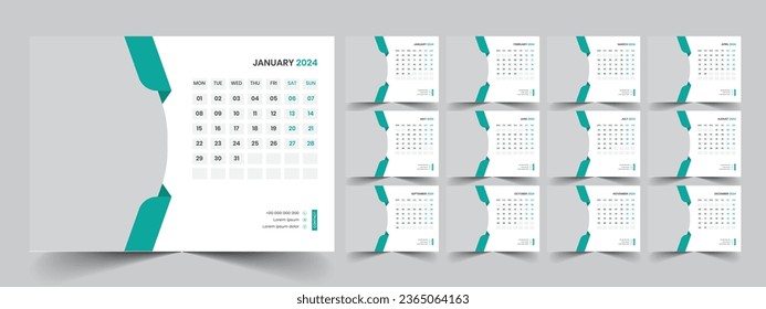 Calendar 2024 planner corporate template design set. Week starts on Monday. template for annual calendar 2024
