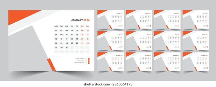Calendar 2024 planner corporate template design set. Week starts on Monday. template for annual calendar 2024