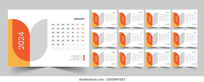 Calendario 2024 conjunto de diseño de plantilla corporativa de planificador. La semana comienza el lunes. plantilla para el calendario anual 2024