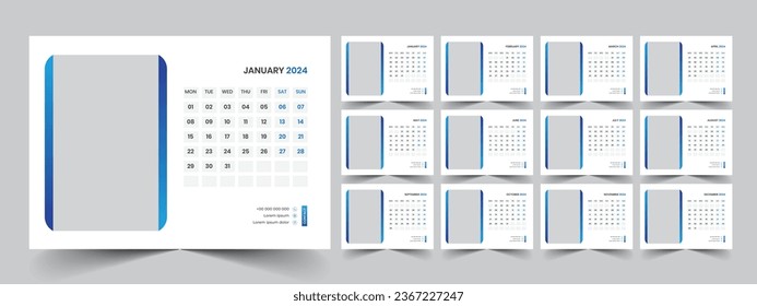 Calendar 2024 planner corporate template design set. Week starts on Monday. template for annual calendar 2024