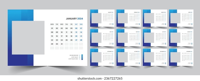 Calendar 2024 planner corporate template design set. Week starts on Monday. template for annual calendar 2024