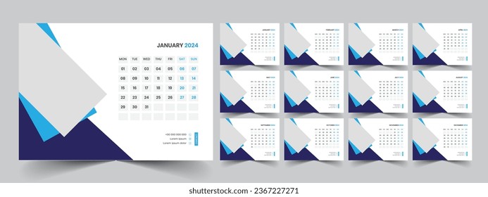 Calendar 2024 planner corporate template design set. Week starts on Monday. template for annual calendar 2024