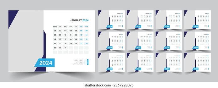 Calendar 2024 planner corporate template design set. Week starts on Monday. template for annual calendar 2024