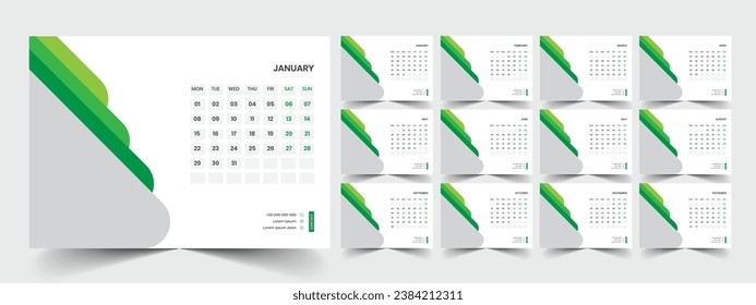 Calendar 2024 planner corporate template design set. Week starts on Monday. template for annual calendar 2024