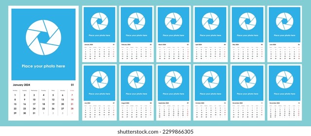 Calendar 2024. Planner template copyspace. Vertical simple layout, one page. Week starts from monday, english