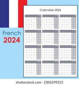 Calendar 2024. Planner template. Vertical simple layout, one page. Week starts from monday, french