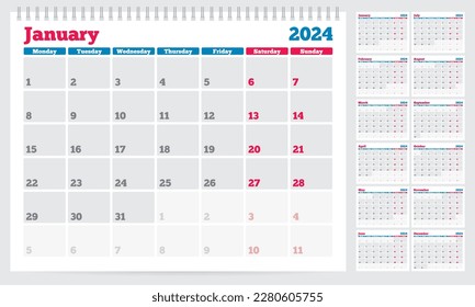 Calendar 2024 planner template. Week Starts on Monday. Set of 12 Months. Vector Illustration