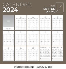 Calendar 2024 portrait template planner vector in a minimalist table style