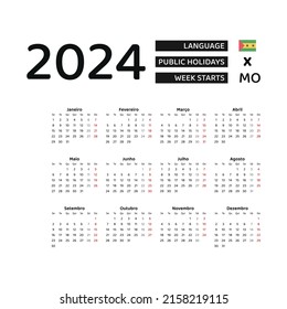 Calendar 2024 Portuguese language with Sao Tome and Príncipe public holidays. Week starts from Monday. Graphic design vector illustration.