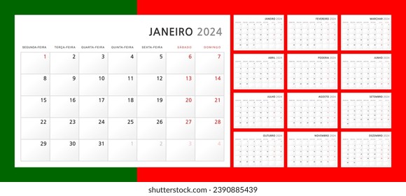 Calendar 2024 in Portuguese. Wall quarterly calendar for 2024 in classic minimalist style. Week starts on Monday. Set of 12 months. Schedule Template. A4 format horizontal. Vector illustration