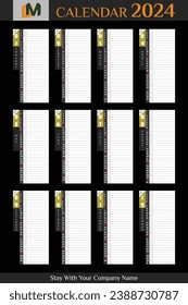 Calendar 2024 Professional Corporate One page Wall or Desk use with yearly Day planner column in nice Black color background