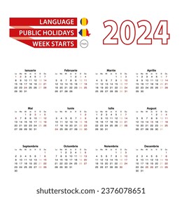 Calendar 2024 in Romanian language with public holidays the country of Romania in year 2024. Week starts from Monday. Vector Illustration.