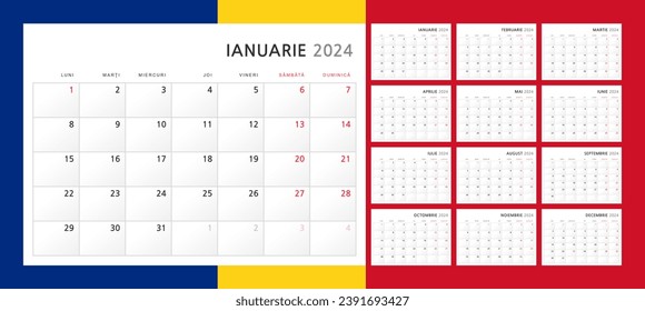 Calendar 2024 in Romanian. Wall quarterly calendar for 2024 in classic minimalist style. Week starts on Monday. Set of 12 months. Corporate Schedule Template. A4 format horizontal. Vector illustration