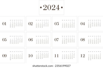 calendar for 2024. Calendar with Russian weekdays from Monday. Set for 12 months. desktop calendar horizontal layout.