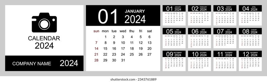 Calendar 2024. Set Desk Calendar template design with Place for Photo and Company Logo. Week Starts on Sunday. Isolated vector illustration