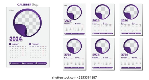 Calendar 2024, Set Desk Calendar template design with Place for Photo and Company Logo. Set of 12 Months.
