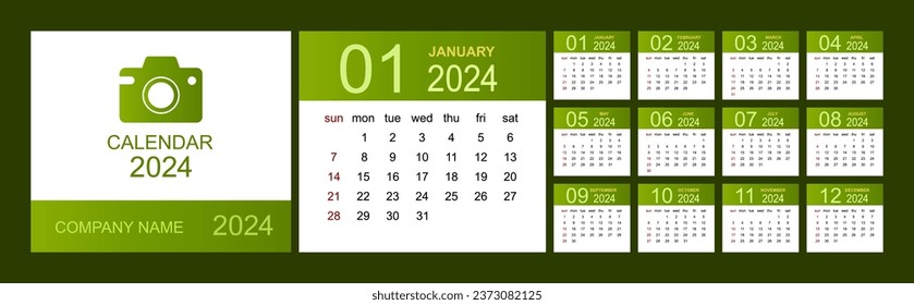 Calendario 2024. Establezca el diseño de la plantilla de calendario de escritorio con el logotipo de Place for Photo y Company. La semana empieza el domingo. Ilustración vectorial aislada
