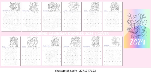 calendar for 2024 Set of doodles calendar monts. coloring posters for children with animal character and cute . Planners for schoolchildren. Cartoon flat vector collection isolated kawaii organizer