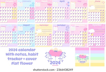 calendar for 2024 Set of 2024 table calendar monts. Calendar posters for noteswith tlat rainbow colours . Planners for schoolchildren. Cartoon flat vector collection isolated kawaii organizer