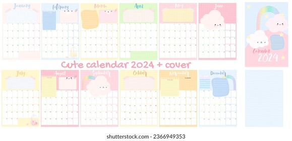 calendar for 2024 Set of 2024 table calendar monts. posters for notes with tlat rainbow colours Planners for schoolchildren. Cartoon character flat vector collection isolated kawaii organizer 12 month