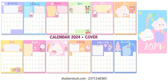 calendar for 2024 Set of 2024 table calendar monts. Calendar posters for children with animal character and cute . Planners for schoolchildren. Cartoon flat vector collection isolated kawaii organizer