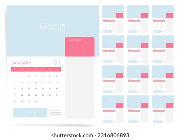 Calendar 2024, Set Wall Calendar Template Design with Place for Photo. Week Starts on Sunday. Set of 12 Months.