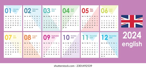 Calendar for 2024. Simple and clean, geometric figures as a background. Pocket cards. Wall, office calendar. Week starts monday.