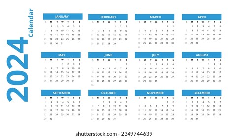 Calendar 2024, Simple minimal complete vector calendar template for the new year 2024.