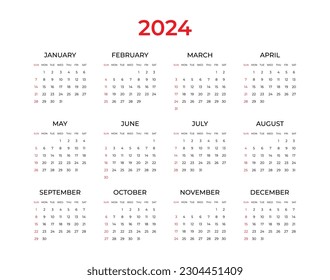 Calendar 2024 simple minimal design. Week starts on Sunday. Planner design template, desk calendar 2024 year, wall calendar 2024, print media, advertisement, printing, stationery, office