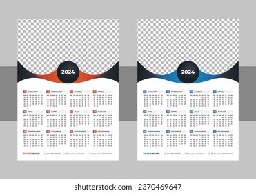 Calendar 2024 with simple and modern design, Week starts Monday, Simple calender layout or Yearly diary Organizer in English