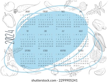 calendar for 2024 with sketches of vegetables and abstract background in pastel colors