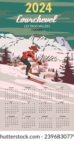 Calendar 2024 Ski Courchevel resort Vintage wall poster