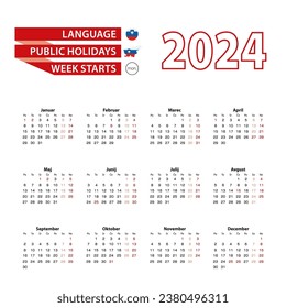 Calendar 2024 in Slovene language with public holidays the country of Slovenia in year 2024. Week starts from Monday. Vector Illustration.