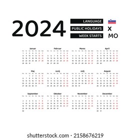 Calendar 2024 Slovenian language with Slovenia public holidays. Week starts from Monday. Graphic design vector illustration.