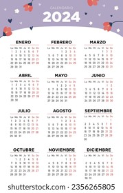 calendar 2024 in spanish. Illustration, floral