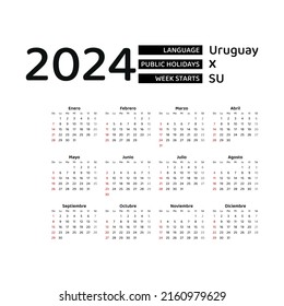 Calendar 2024 Spanish language with Uruguay public holidays. Week starts from Sunday. Graphic design vector illustration.